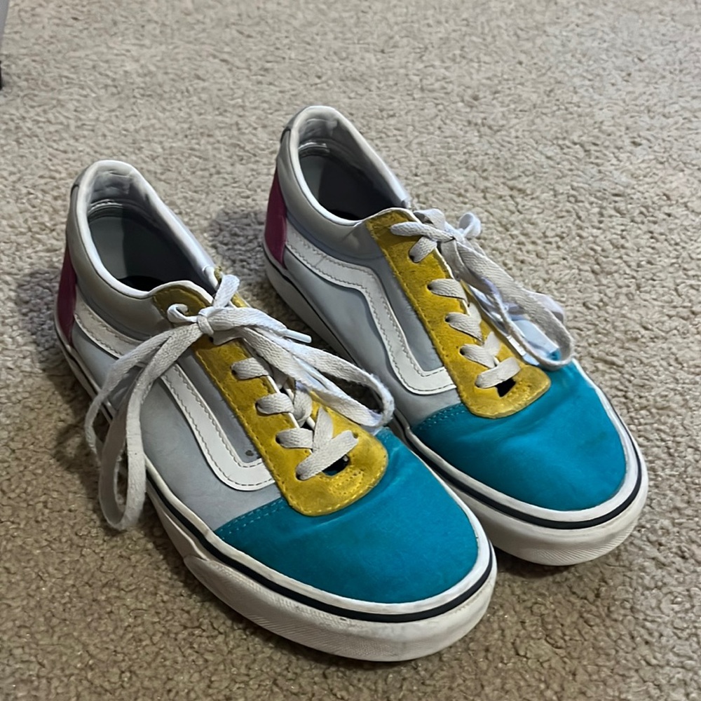 Colorful Vans, slightly worn.